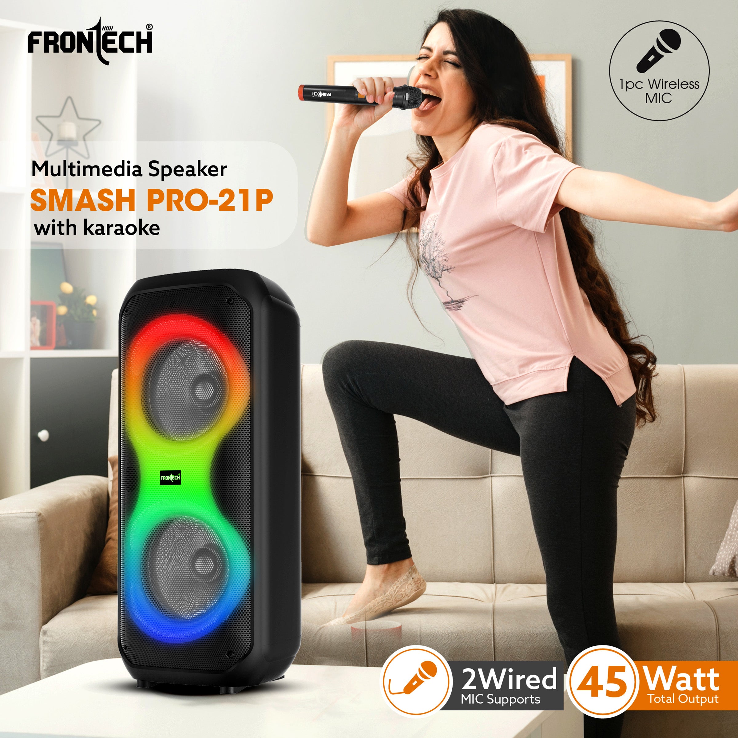 FRONTECH Smash Pro-21P 45W Portable Party Speaker | True Wireless Stereo | Karaoke Function with Wireless Mic | RGB LED Disco Lighting | Bluetooth 5.0 | FM Radio | USB, TF, AUX | Type-C Charging Port (SW-0021P) FRONTECH Smash Pro-21P 45W Portable Party Speaker | True Wireless Stereo | Karaoke Function with Wireless Mic | RGB LED Disco Lighting | Bluetooth 5.0 | FM Radio | USB, TF, AUX | Type-C Charging Port (SW-0021P)